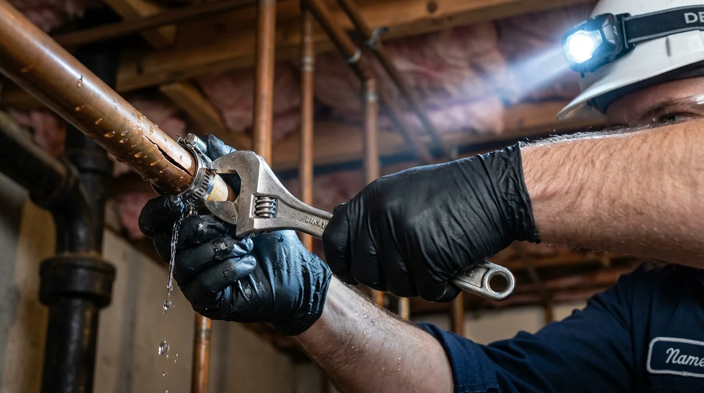 Emergency pipe clamp repair being performed by a Johns Plumbing LLC plumber in Croydon