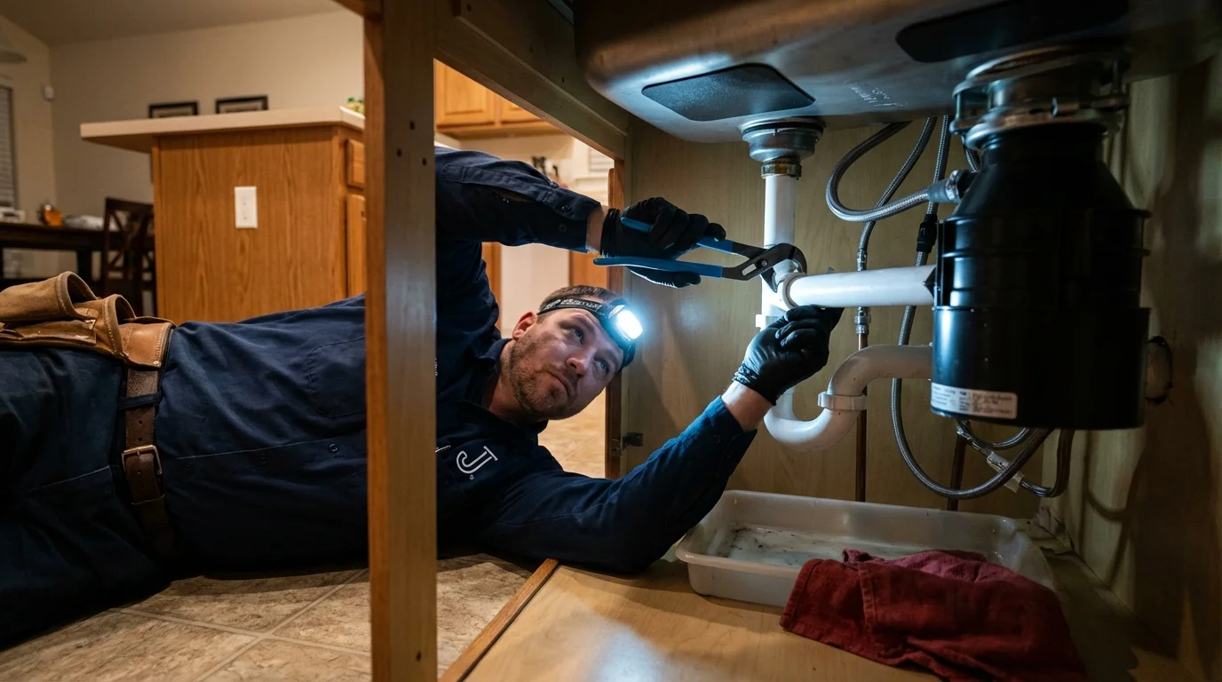 P-trap and supply line connections under a kitchen sink showing a common leak point in Croydon, PA